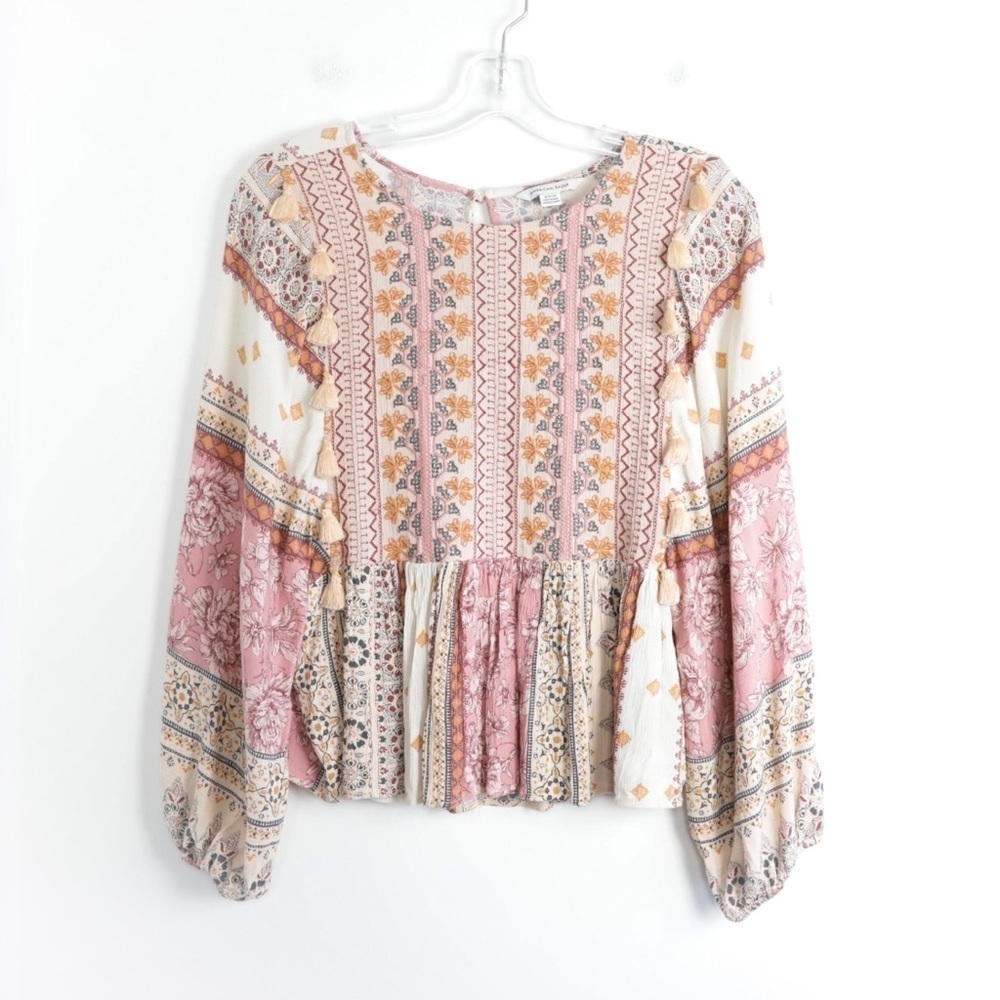 American Eagle AEO bell sleeve top pastel pink tassels boho peasant babydoll S